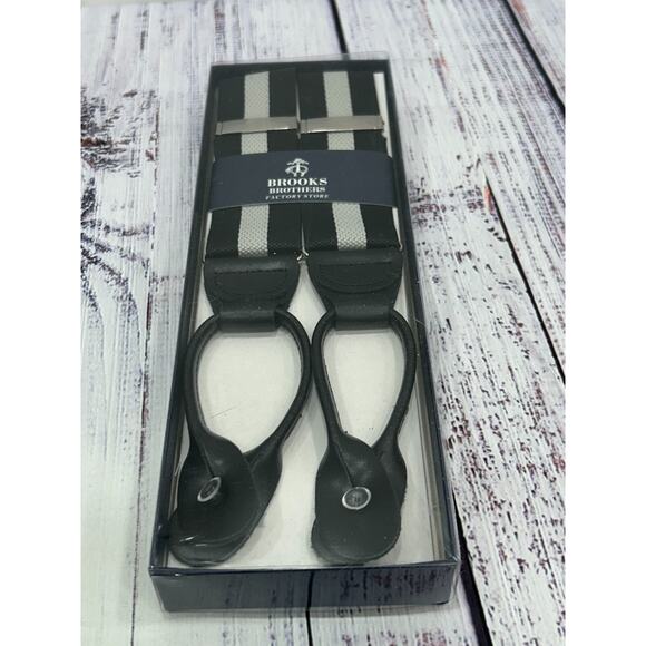NEW Brooks Brothers Mens Black & Gray Striped Button End Suspenders Leather Trim - Picture 4 of 7